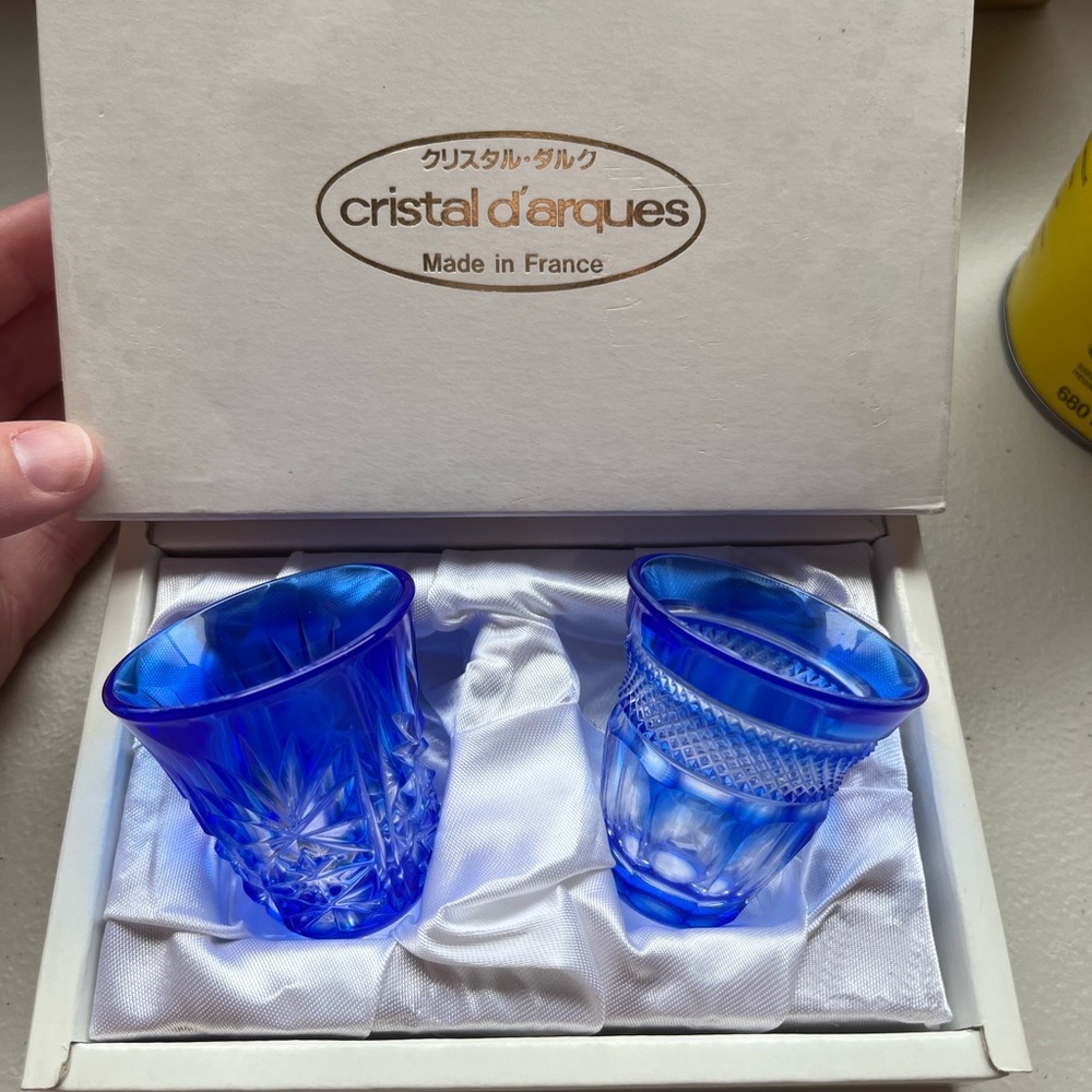 vintage blue crystal shot glasses by Cristal d'Arques from France.